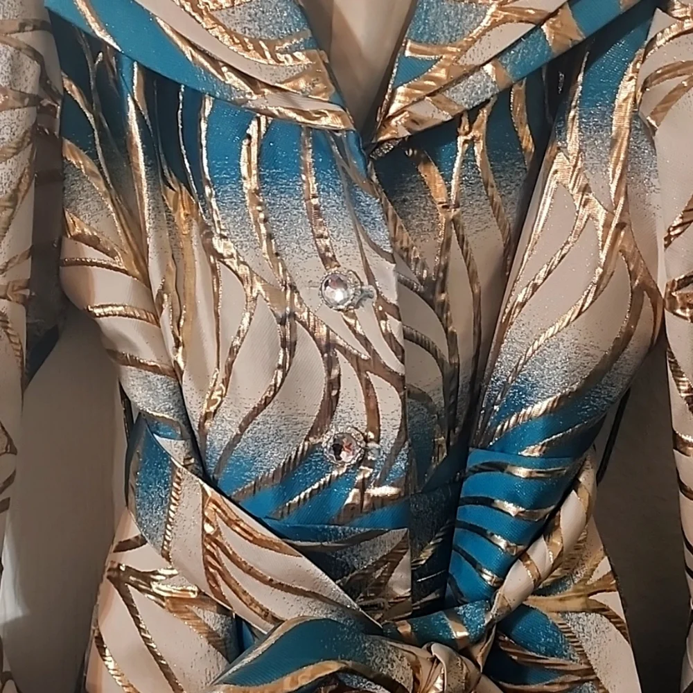 Elegant Blue and Gold Midi COAT - Picture 7 of 9